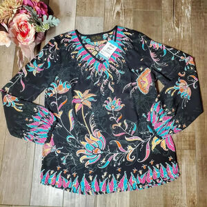 Bob Mackie Women's Black V-Neck Floral Printed Woven Blouse Size XS NWOT